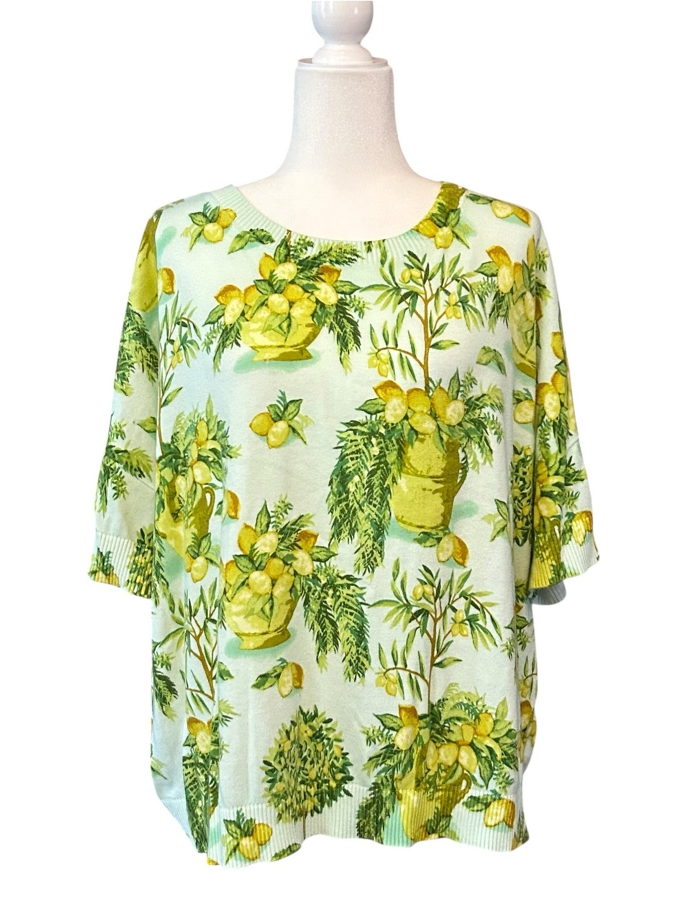Talbots ELBOW SLEEVE PULLOVER - LEMON TREES Women’s SZ 3X Blue Green Yellow - Picture 2 of 7